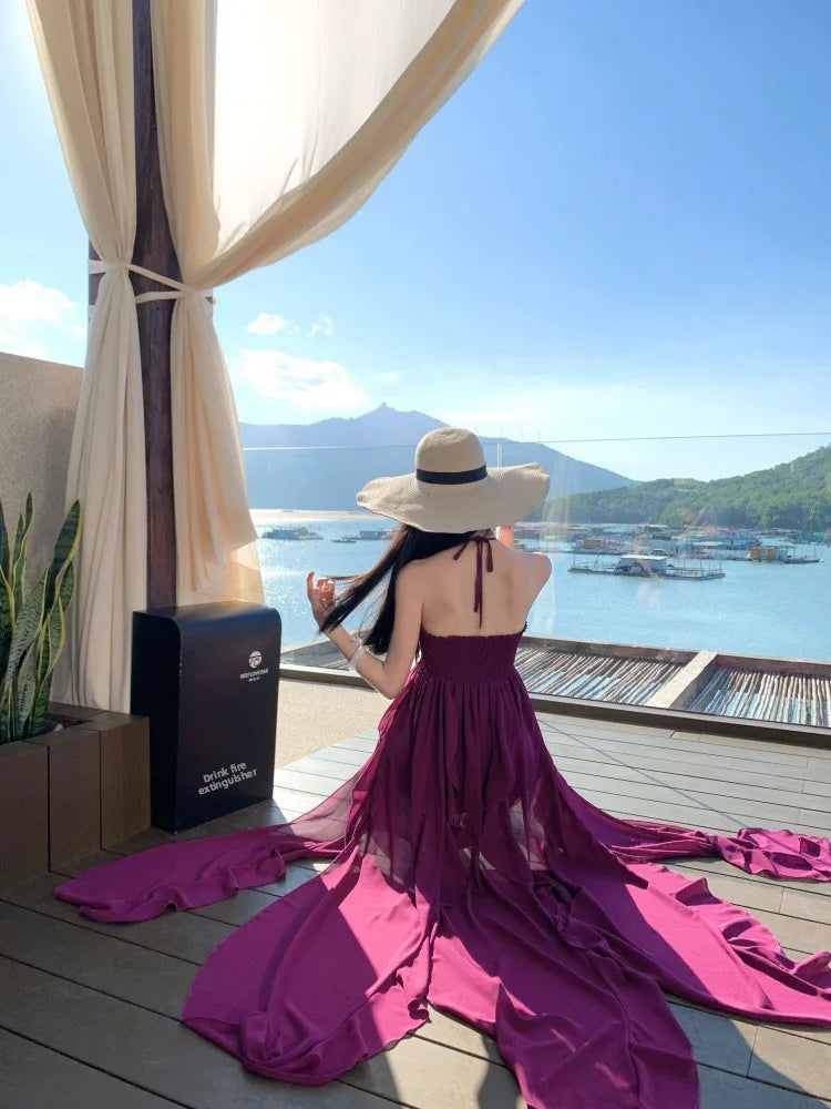 Purple Beach Vacation Photography Dress Women's Sleeveless Gown Luxury Design Sensation Halter Neck Chiffon Long Skirt