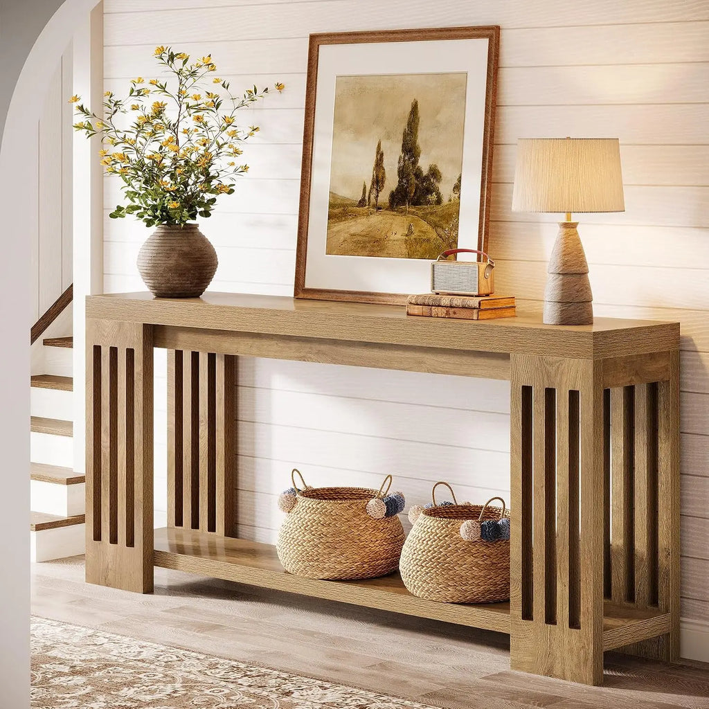 70.9-Inch Extra Long Entryway Table, Farmhouse Sofa Console Table with Vertical Stripe Legs, 2-Tier Entry Furniture for Living R
