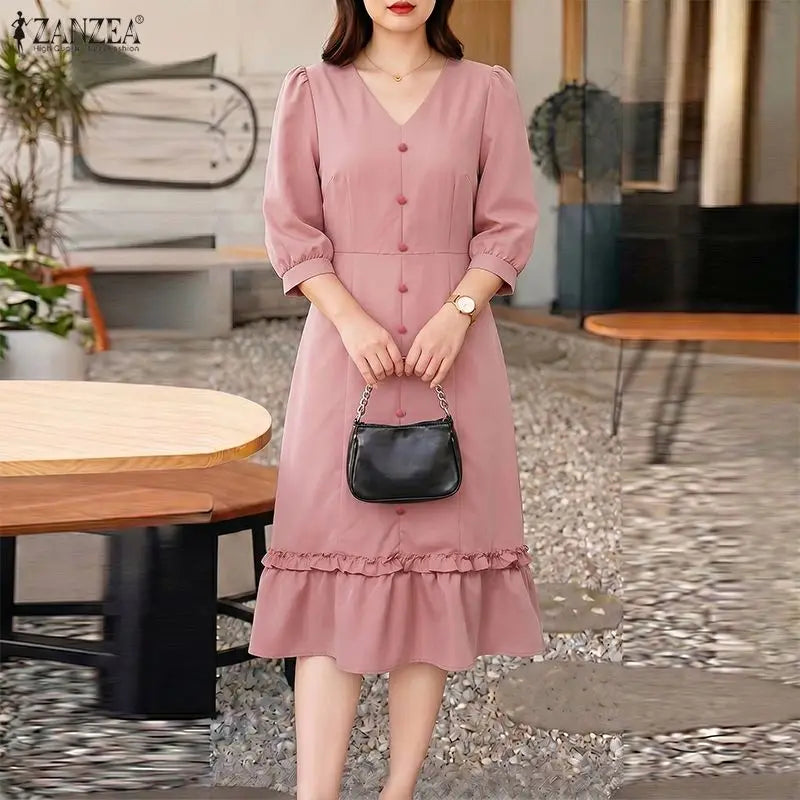 ZANZEA Women Elegant A-Line Midi Dress V-Neck 3/4 Puff Sleeve Cinched Waist Ruffled Hem Dresses Summer Casual Commute Robe Femme