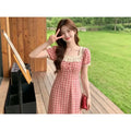 Retro Lace Red Plaid Heart Floral Summer Dress plus Size Waist Cinching Belly Covering Slimming Long A-Line Skirt Dress