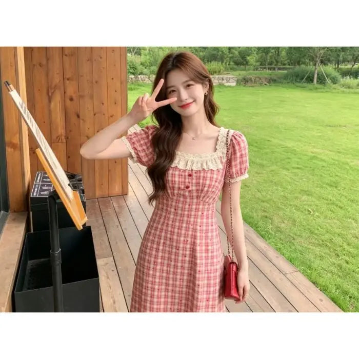 Retro Lace Red Plaid Heart Floral Summer Dress plus Size Waist Cinching Belly Covering Slimming Long A-Line Skirt Dress