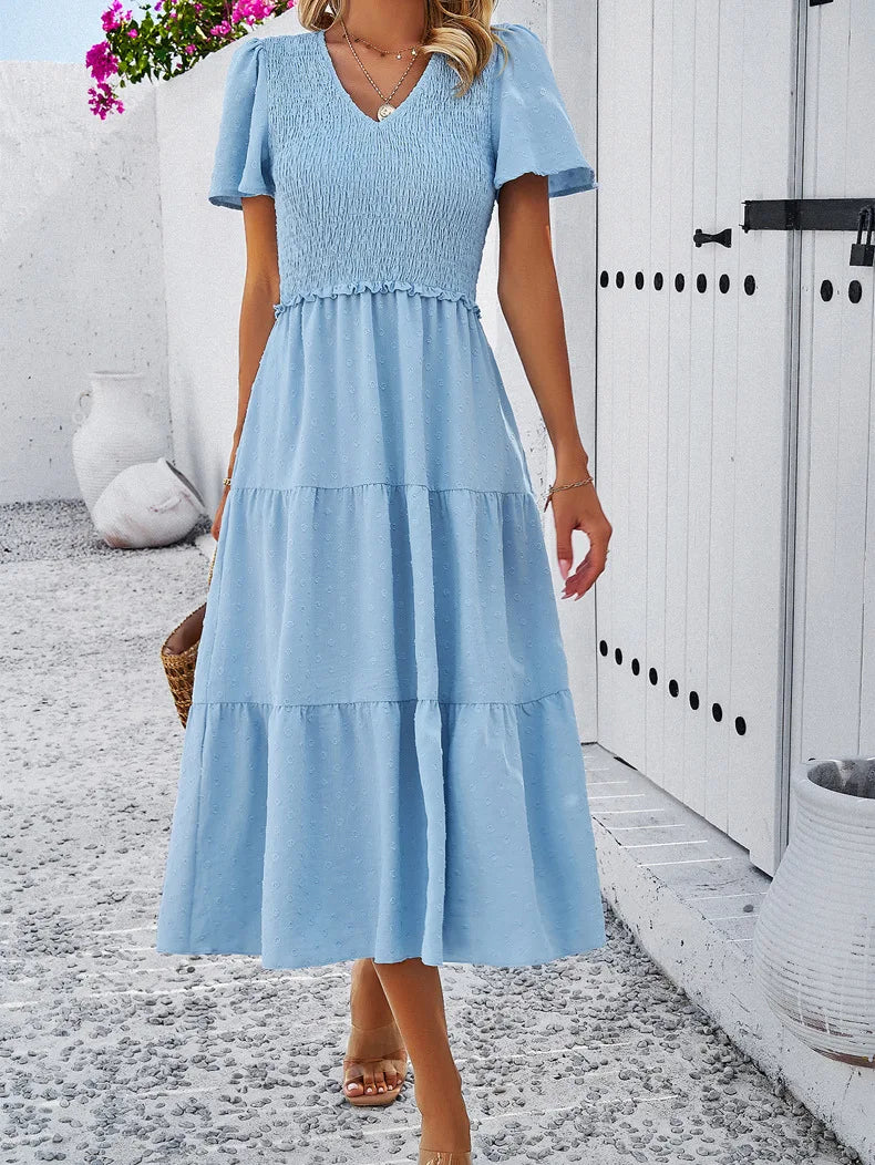 Summer Women's Casual Polka Dot Long Dress Vacation Boho Short Sleeve Solid V-neck Beach Sundress Elastic Waist Midi Dresses