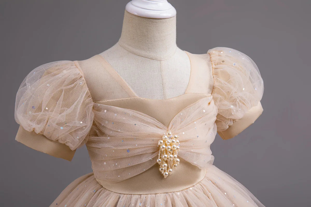 HETISO Pearls Bowknot Kids Girls Dresses Summer Tulle Vintage Elegant Princess Party Gown Children's Gift