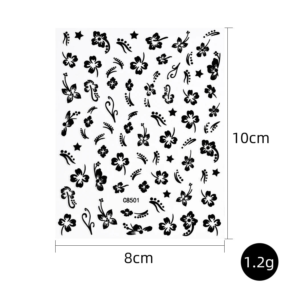 1 pieza 3D pegatinas de hibisco para uñas, flores blancas y negras, pétalos, calcomanías adhesivas, deslizadores florales rosas y dorados para decoración de uñas