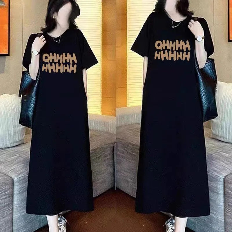 plus Size Long Knee-Length Summer Dress Women's Short Sleeve round Neck Loose Fit Knitted Fabric Straight Cut Casual Style