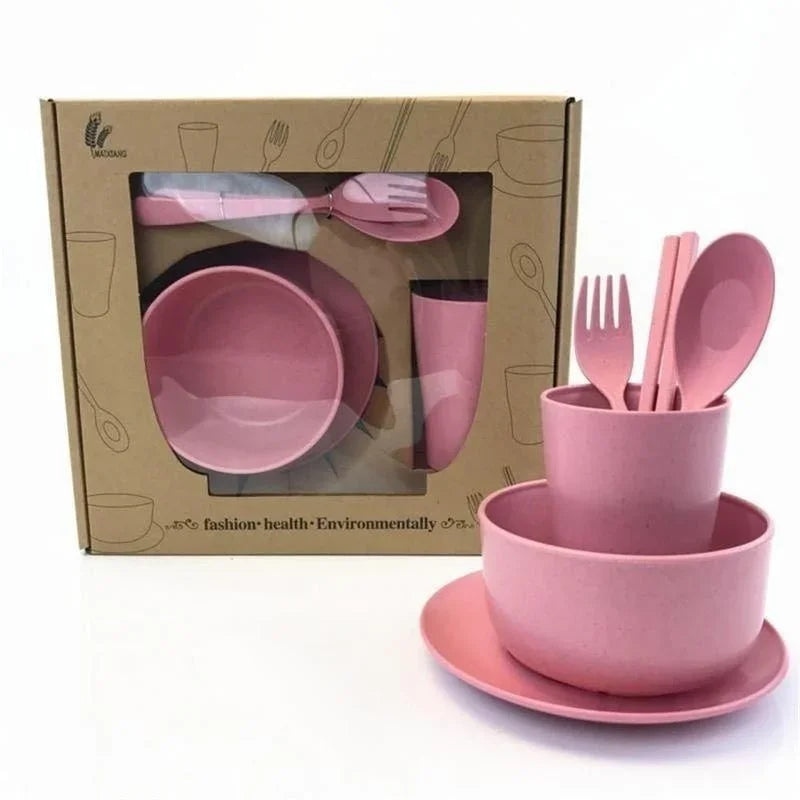 6 Pcs/Set Wheat Straw Baby Tableware Children Food Dishes Bowl Feeding Infant Learning Dinnerware Spoon Chopsticks Fork Cup New