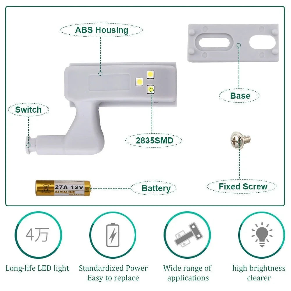 10 Unidades/Set Luces LED para Armario de Cocina, Lámpara de Bisagra Interior para Iluminación de Dormitorio, Armario, Closet, Luces Debajo de Gabinete, Luz Nocturna