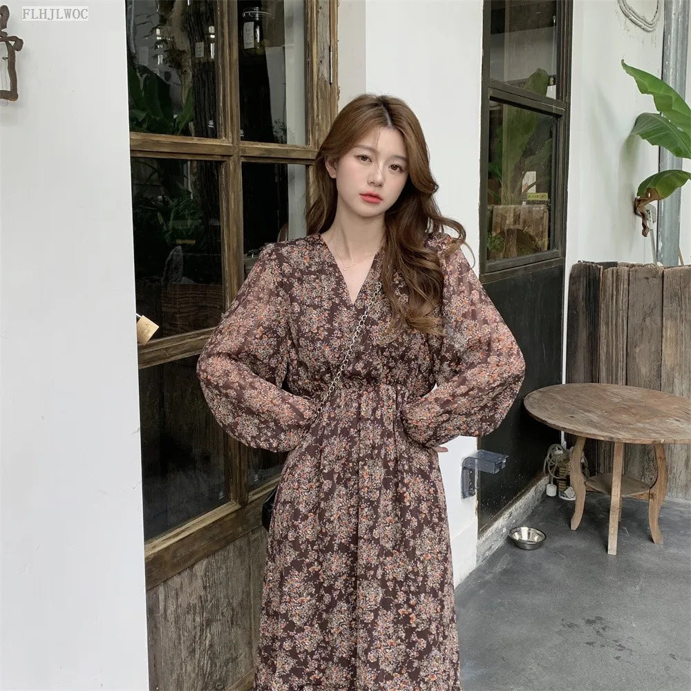 Chic Korean Clothes Design 2022 Autumn Spring Womens V Neck Elegant Lady Floral Printed Retro Vintage Long Maxi Dress