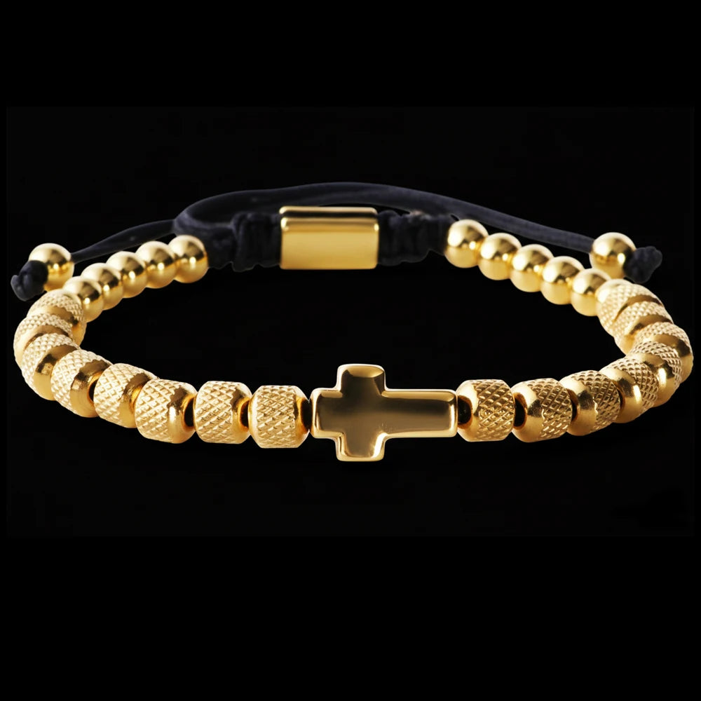 Charm Bracelet Cross Stainless Steel Beaded Bracelets Handmade Men Women'S Prayer Fitness Chain Couple Jewelry