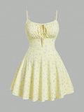 Plus Size Women's Floral Print Spaghetti Strap Dress Square Neck Tie Front A-Line Flared Hem Mini Dress