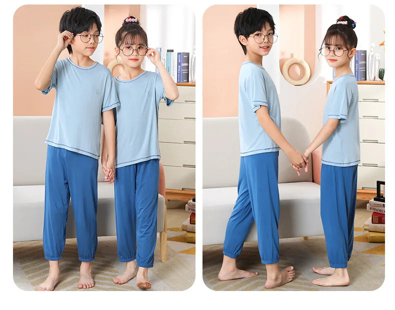 Teenage Boy Pajamas Summer Girl Short Sleeve Children's Clothing Sleepwear Silk Cotton Pyjamas Sets For Kids 4 8 9 12 13 14Years