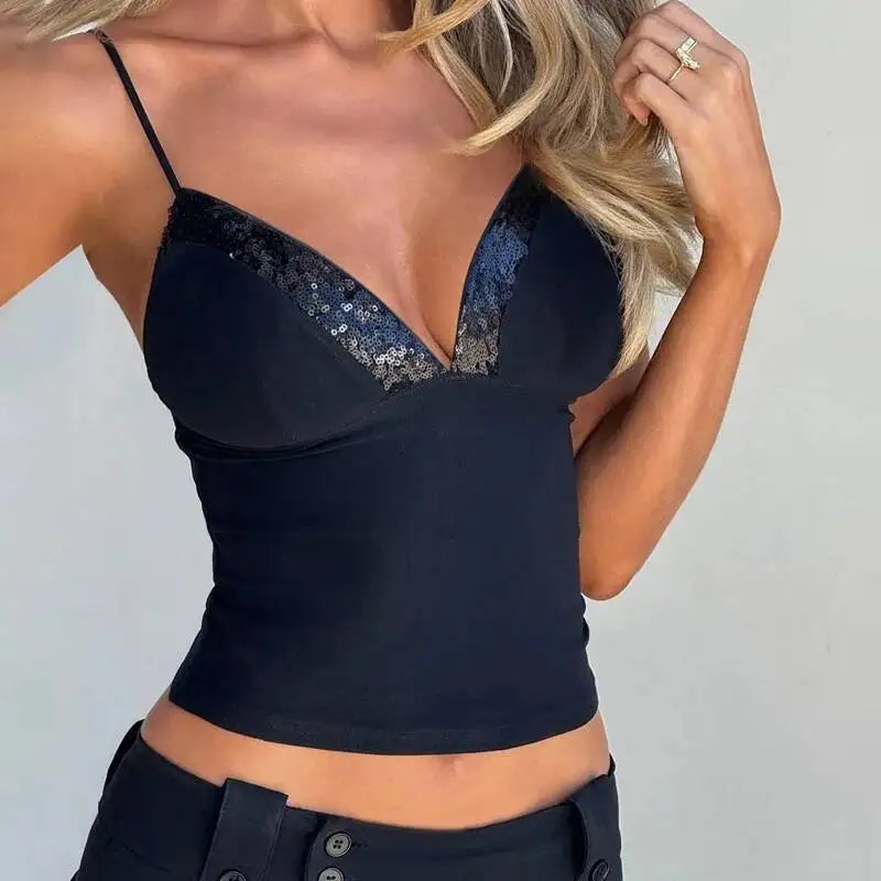 Avrilyaan Sequin Patchwork Deep V Printed Crop Top Women Slim Summer Street Party Top