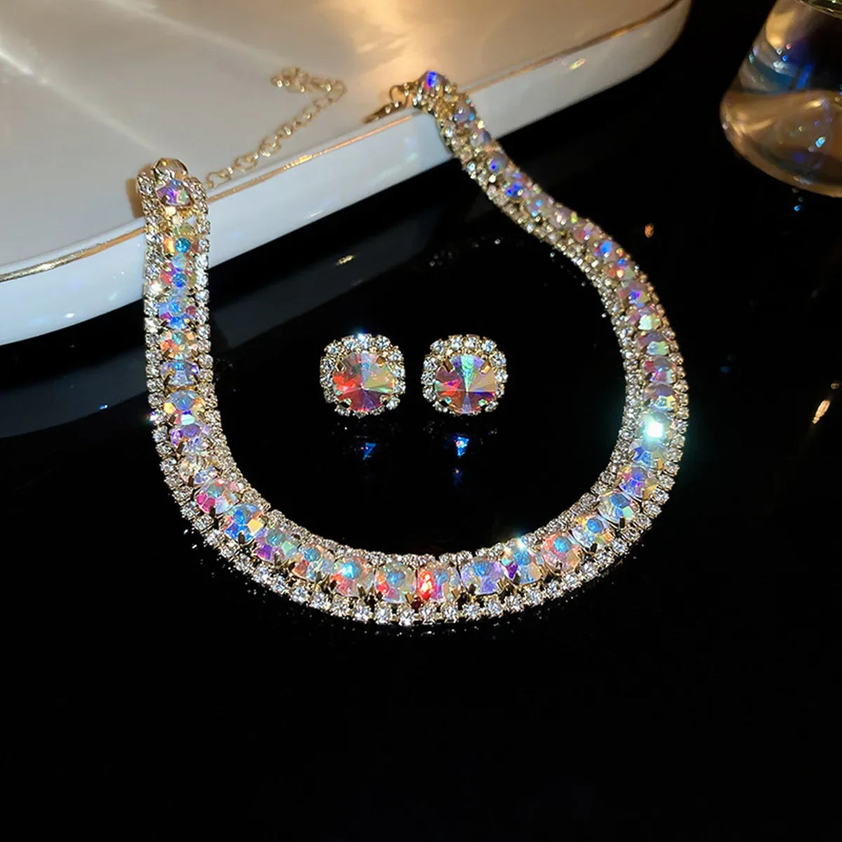 Women'S'S Rhinestone Decorated Necklace & Earringstrendy Jewelry Set Fashionable Accessories For & Daily Clothing Decor