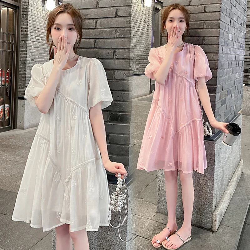 Summer Plus Size Maternity Ball Gown Dress Puff Sleeve O-neck Fashion Embroidery Pregnant Woman Short Dress Princess Dresses