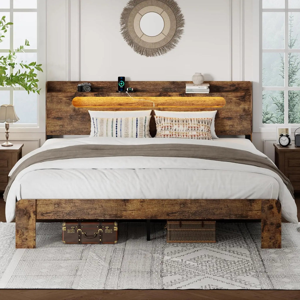 King Frame with Storage Headboard and Charging Station, Brown | Platform Bed Frame, LED Lights, Wooden Slats,, Customized