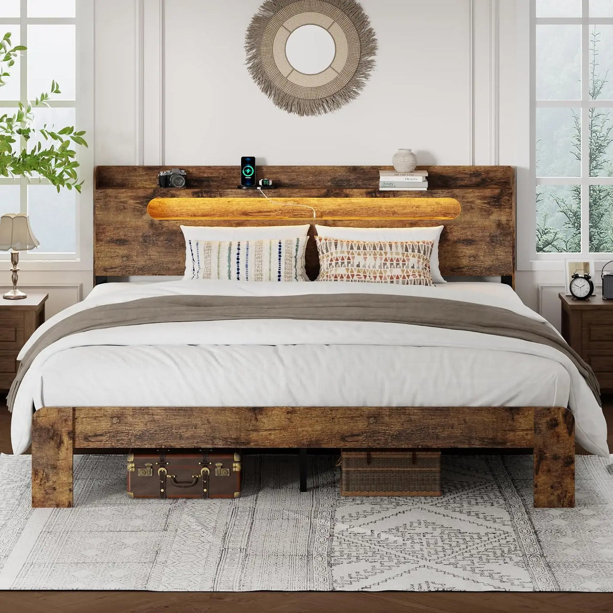 King Frame with Storage Headboard and Charging Station, Brown | Platform Bed Frame, LED Lights, Wooden Slats,, Customized