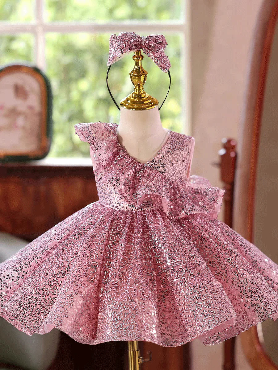 Dreamy Vow D246 Kids Pink Sparkle Flower Girls Dress Ruffle Waist Full Sequin Dress Child Pageant Gown Wedding Birthday Party