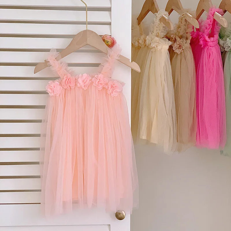 Kids Sweet Mesh Dress 1-6T Summer Children Mesh Tulle Princess Slip Tutu Dresses Girls 6 Colors 3D Flower Mermaid Birthday Dress