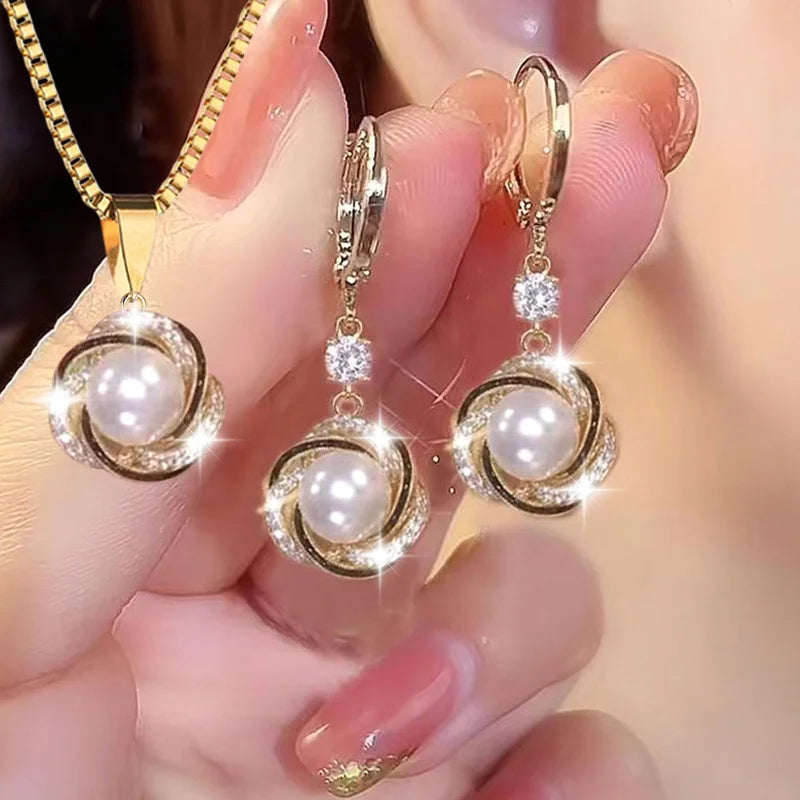 3Pcs Shining Zircon Luxury Elegant Jewelry Sets For Women'S Trendy Versatile Necklace Earrings Jewelry Birthday Gifts