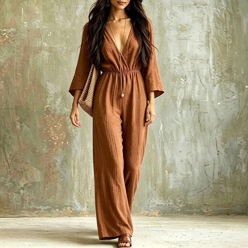 Women Solid Crinkle Jumpsuit Deep V 3/4 Flare Sleeve Elastic Waist Pocket Wide Leg Playsuit Bohemian Autumn Beach Holiday Romper
