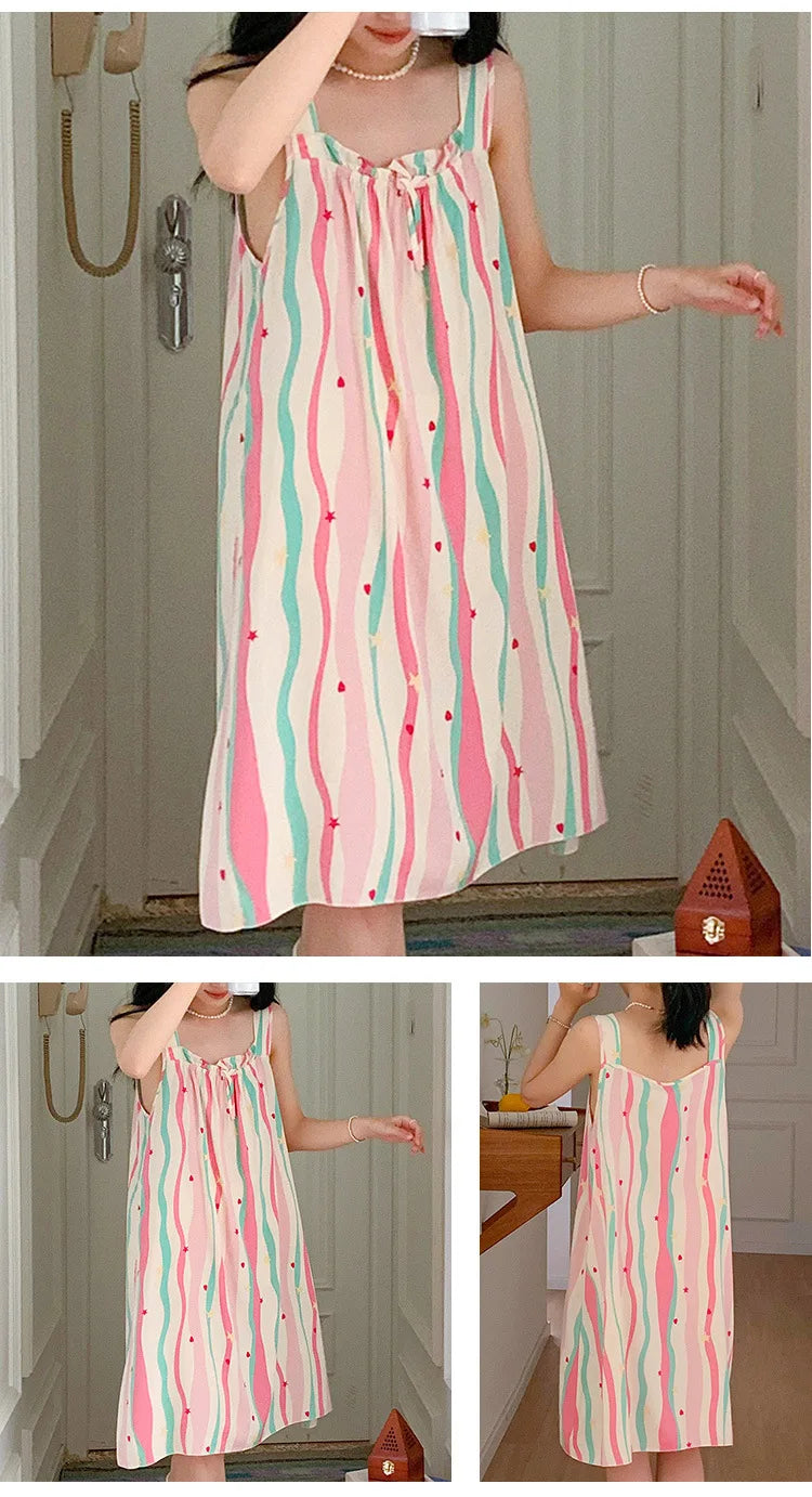 Korean Version of the Girl Sweet Summer Halter Nightgown Female Bowknot Full Print Sleeveless Loose Floral Sundress Home Dress