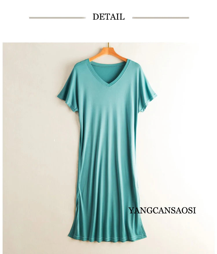 Women's Casual Summer New 23% Natural Mulberry Silk Side Slit V-neck Loose Shoulder Short Sleeved Solid Color Base Knitted Dress