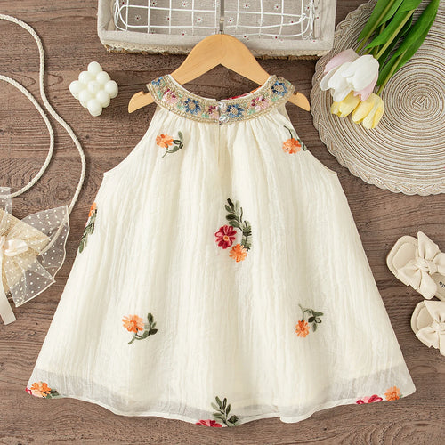 (0-4 Year Old Baby Girl Dress) Summer New Colorful Flower Embroidery Vacation Casual Style Children'S Sleeveless Clothes
