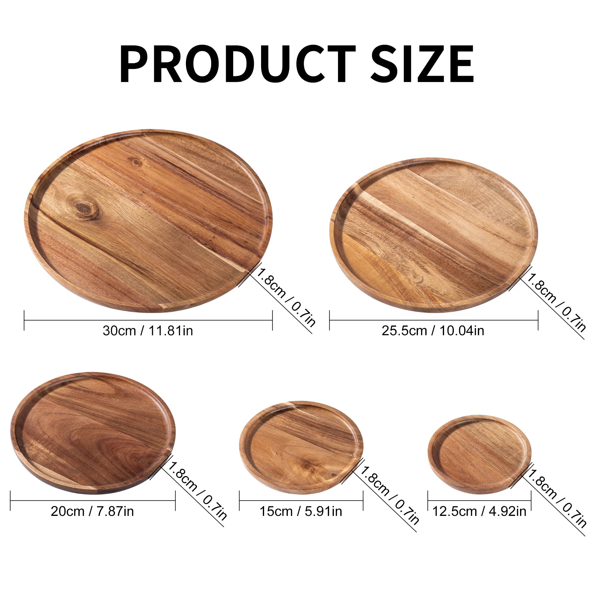 12.5/15/20/25/30cm Round Serving Platter Tray Acacia Wood Pizza Salad Plate Fruit Dessert Tray Bread Cake Container Snacks Dish