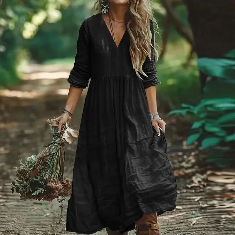 Women Dresses 2026 new cotton linen extremely popular solid color v neck fold long dresses women's clothing vestidoes