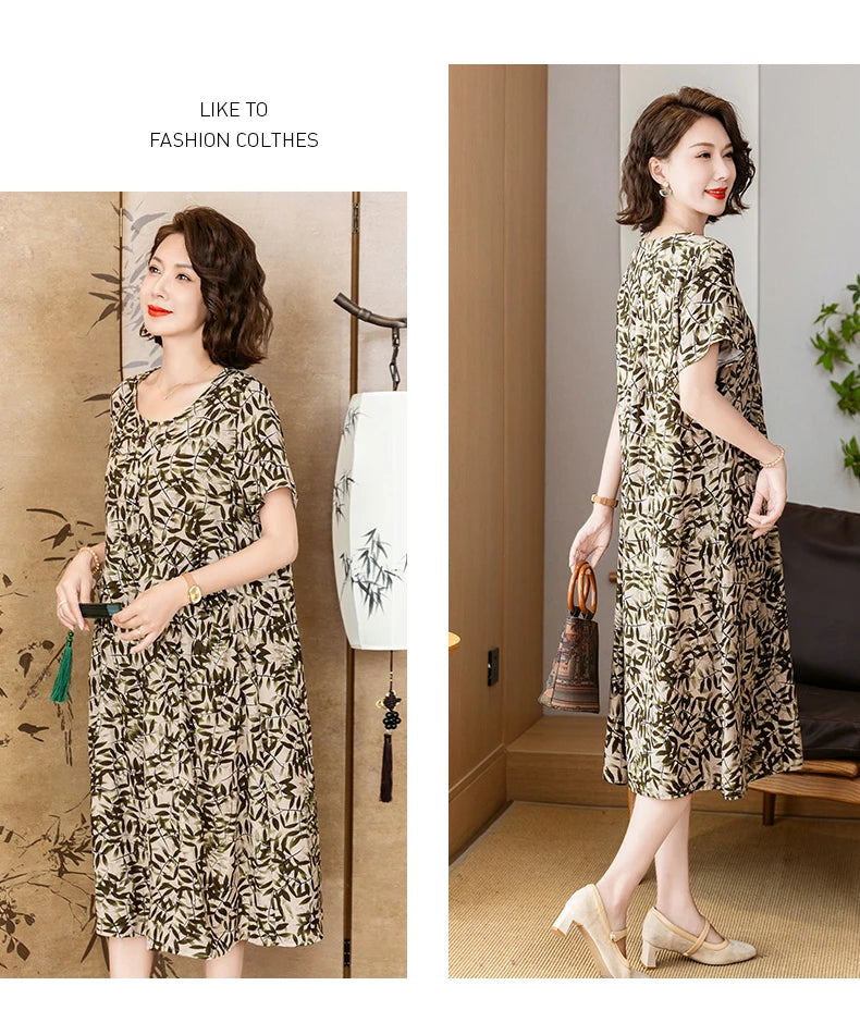 New 2025 Summer Dress Long Vintage Loose Women Elegant Sundress Dress Casual O-neck Dresses Print Plus Size