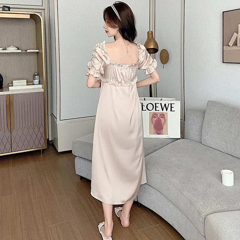 Satin Long Nightgown Women Sweet Lovely French Sleepwear Retro Silk Short Sleeve Sleepshirt Ladies Fashion Nightdress Home Dress