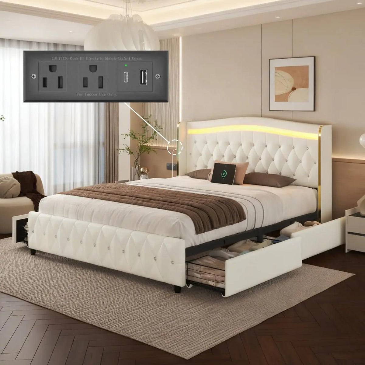 Queen Size Bed Frame, Headboard, 4 Storage Drawers, LED Lights, White | Charging Station, Upholstered Leather Bed,, Customized