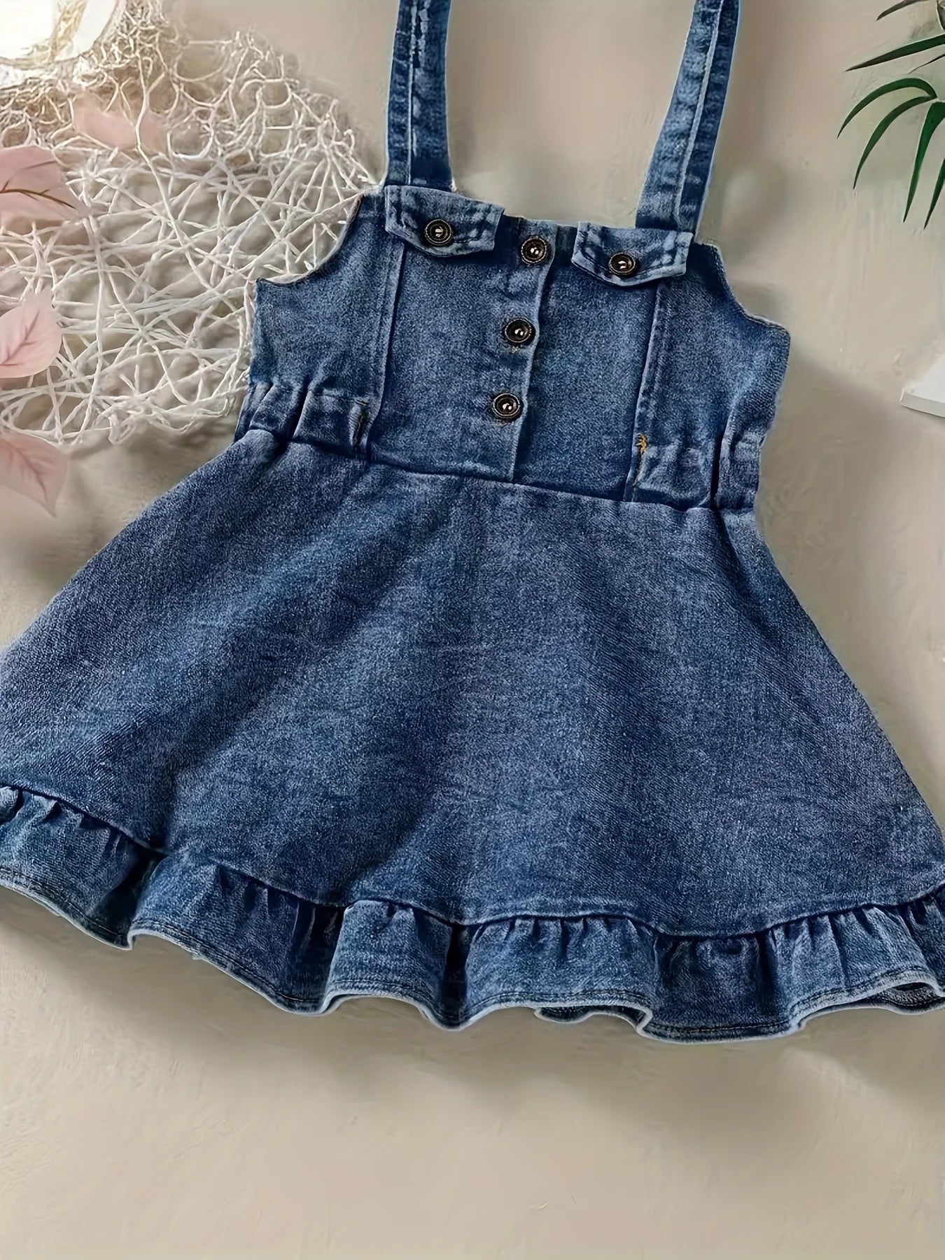 Baby Girls Denim Backless Romper Dress With Open Back And Square Collar Soft Cotton Blend