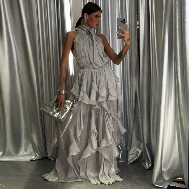 Summer Cascading Ruffles Long Dress Women Sleeveless Lace Up Pleated Female A-line Dresses 2026 Fashion Lady Holiday Robes New