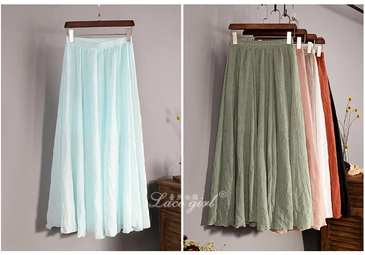 2025 Summer Women All-match Long Skirt Mid-calf Casual Linen Elastic Waistband One Size Expansion Hemline Lined Female Skirts