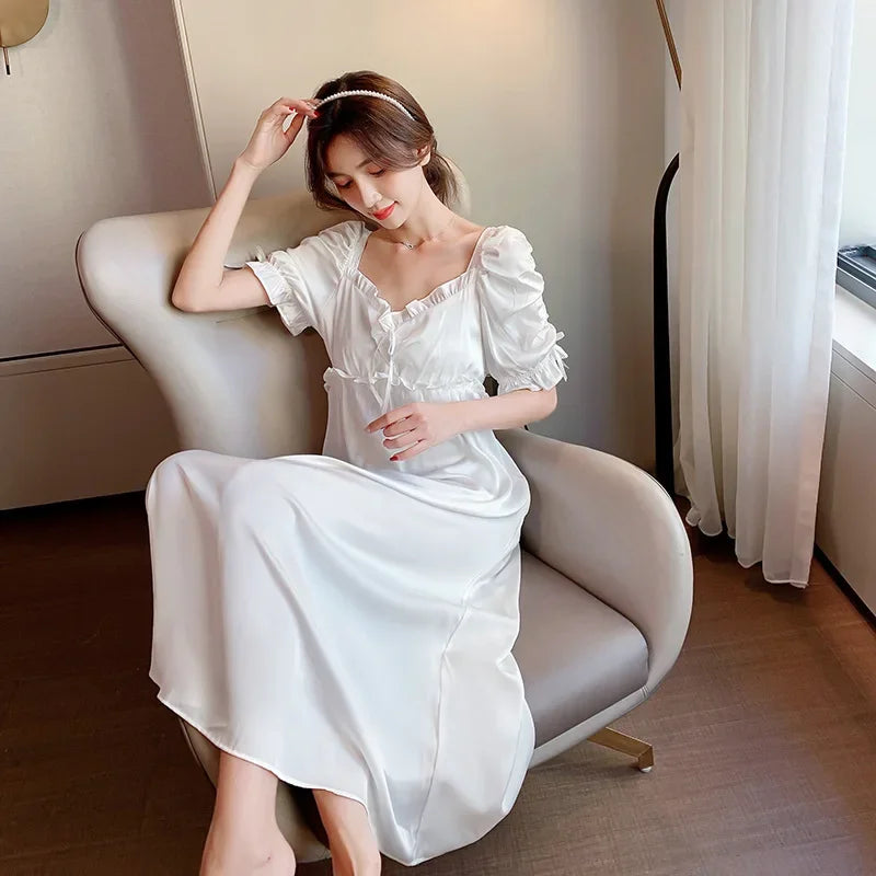 Satin Long Nightgown Women Sweet Lovely French Sleepwear Retro Silk Short Sleeve Sleepshirt Ladies Fashion Nightdress Home Dress