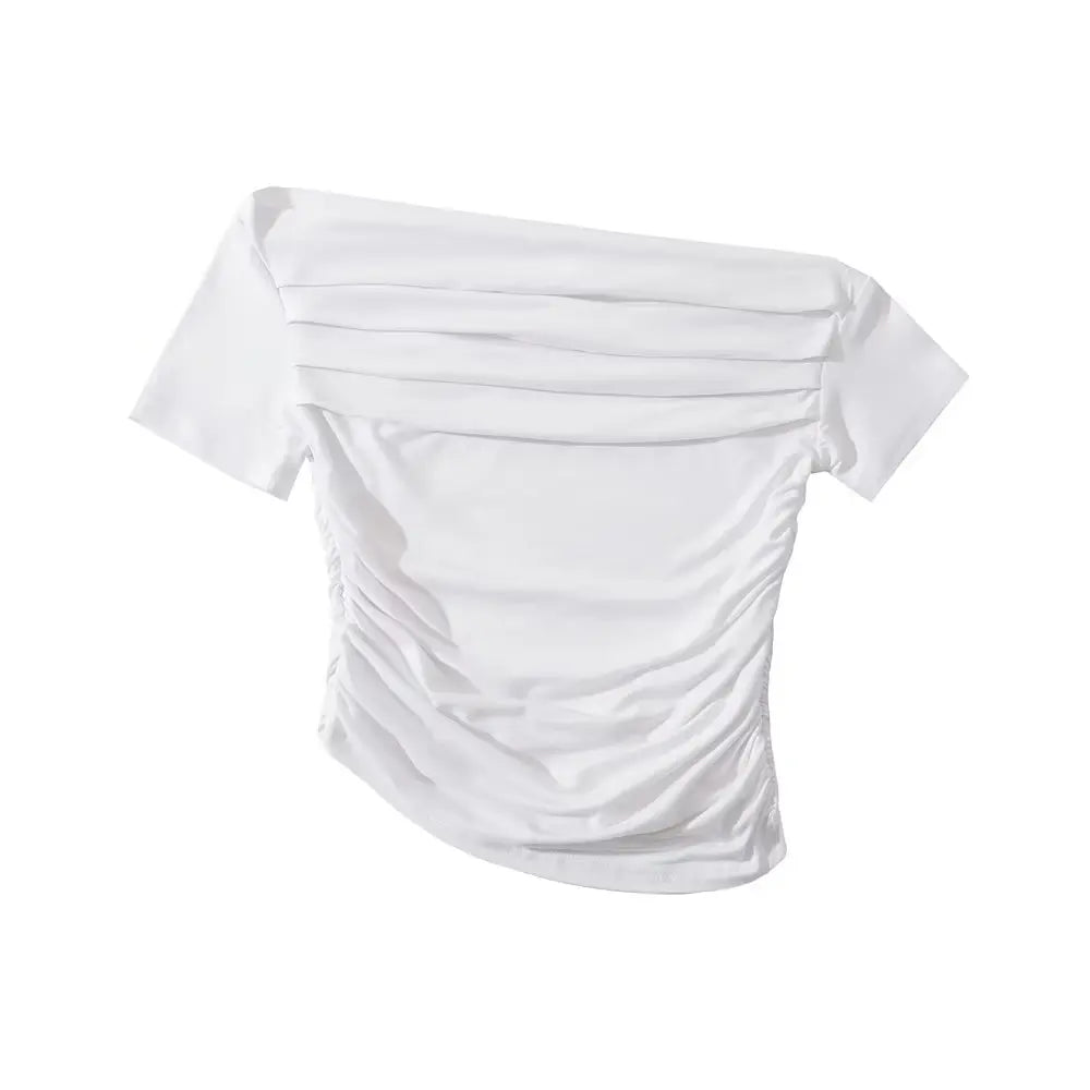 Sexy Spicy Girl Short Sleeve Slim Fit Pleated One Shoulder Base Shirt Street Snap Popular Thinming Street Snap Top for Summer