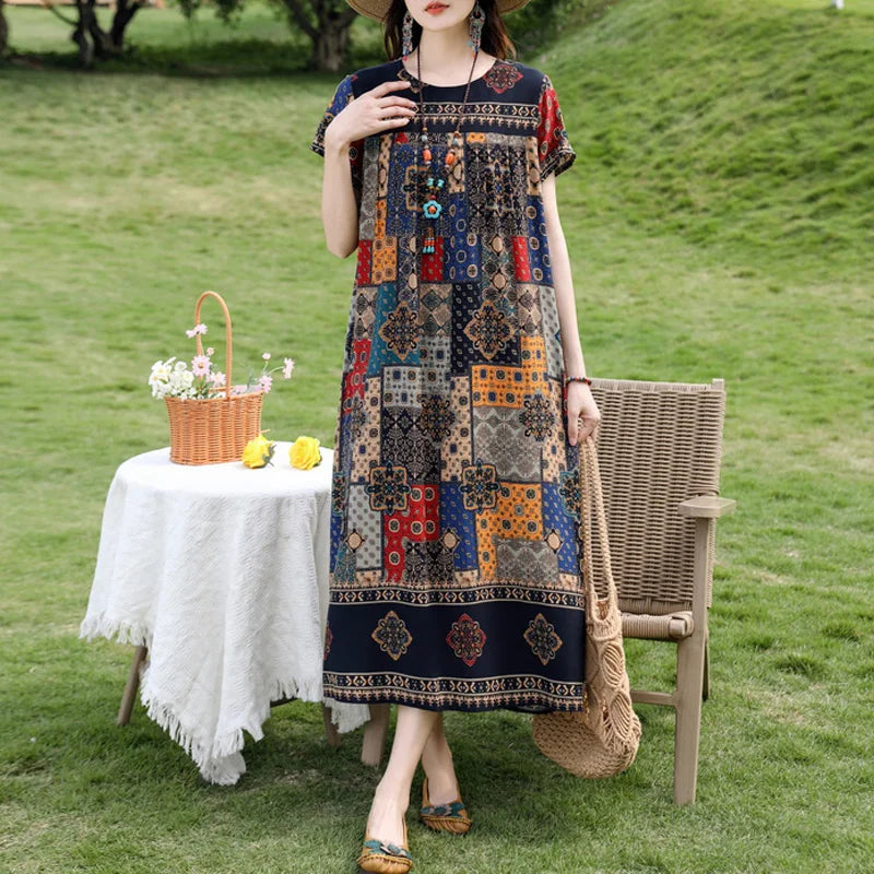New Fashion Casual 2025 Summer Elegant Dresses For Women O-Neck Print Vintage Short Sleeve Dress Loose Women Clothing