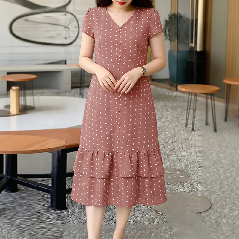 ZANZEA Summer Polka Dots Printed Women Dress Elegant Casual Holiday Beach Ruffled Sundress V Neck Short Sleeve Work Midi Dresses