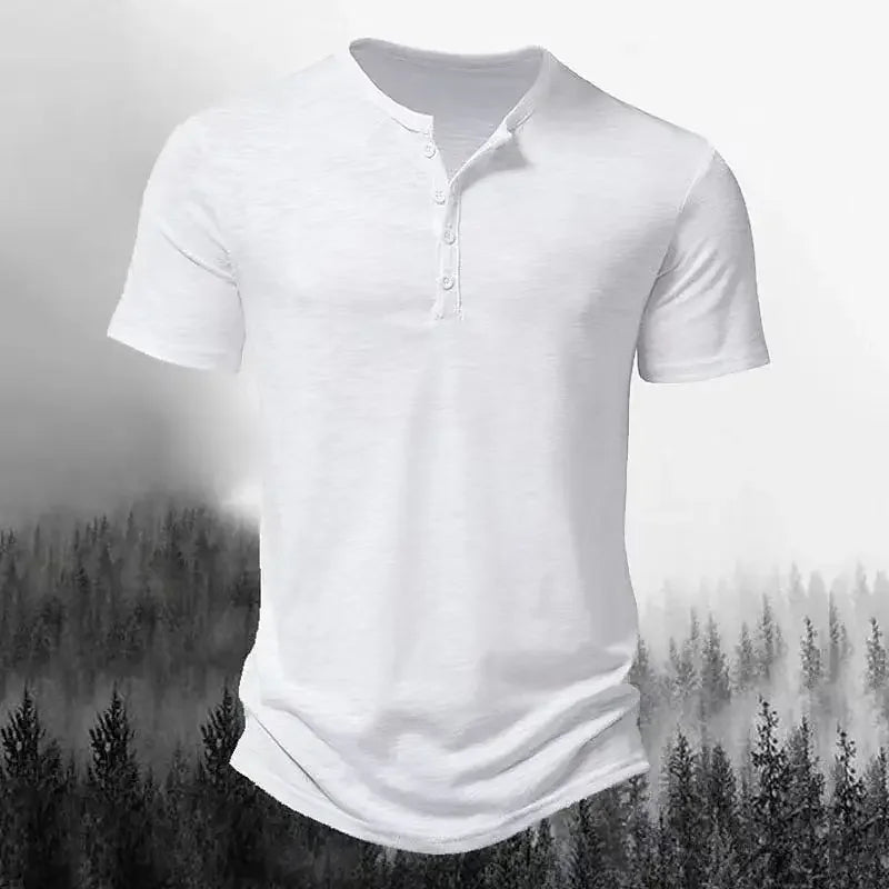 American European Style New Fashion Summer Men's Casual Trendy Solid Color Short Sleeve Henry Collar Loose T-shirts Male Tops