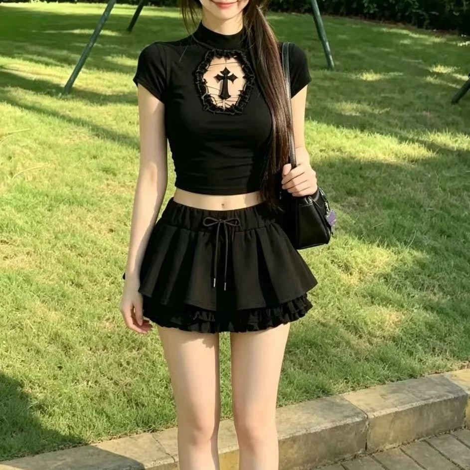 Y2K Gothic Basic T-shirt Women Cyber Punk Aesthetic Cross Mesh Patchwork See Through Crop Tops O-neck Short Sleeve Tee Slimming