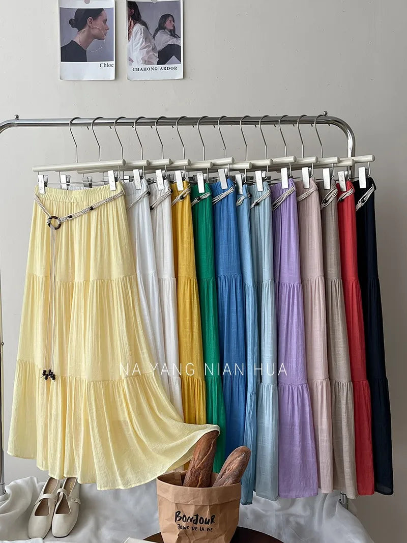 Beiyingni 2025 Summer French Women's Linen Cotton Maxi Skirts Casual Vintage Sashes Korean Long Cake Skirt Female Boho Vacation