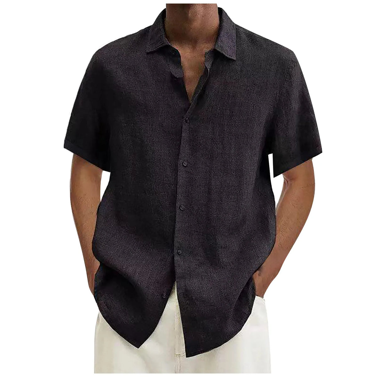 ISHOWTIENDA Men's Cotton Linen Short Sleeve Casual Shirt - Solid