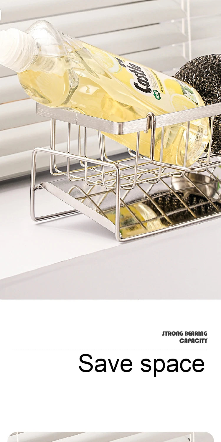Rejilla de almacenamiento de herramientas de limpieza de fregadero, escurridor multifuncional de acero inoxidable para cocina, organizador de esponjas y detergentes, colgador de trapos