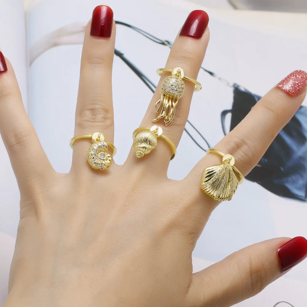 Ocesrio Ocean Style White Crystal Jellyfish Statement Women'S Rings Copper Gold Plated Shell Conch Ring Fashion Jewelry Rigq39