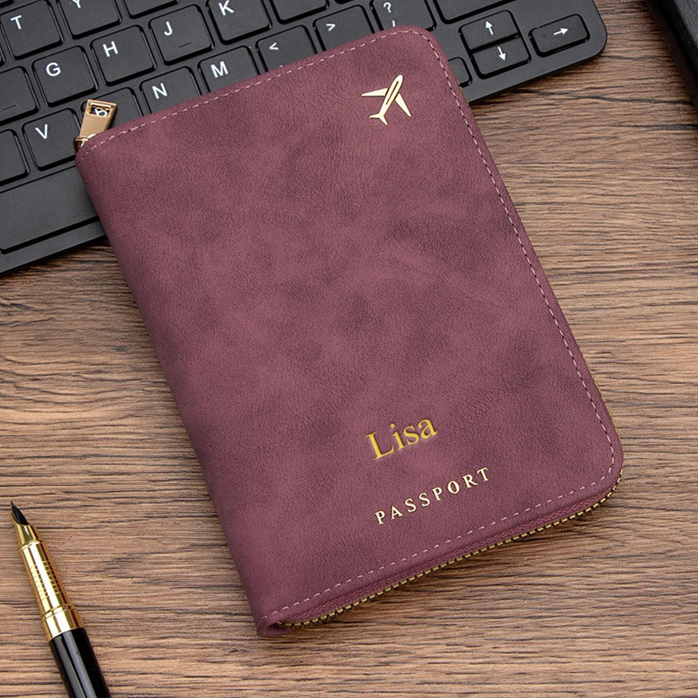 Customized name RFID anti-magnetic passport case with zipper for travel passport holder, multi-functional document storage bag