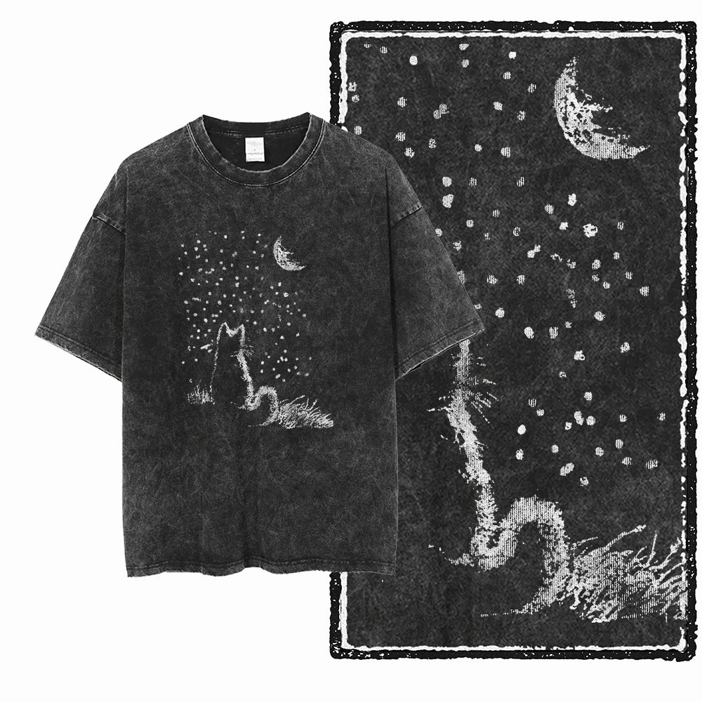 Coolmind Db Cat Printed Acid Washed Cotton T Shirt Unisex Exclusive Graphic Streetwear Tee For Men Big Size