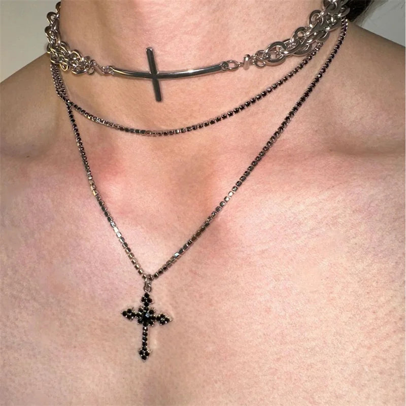 Gothic Cross Shape Multi-Layer Chain Necklace For Men Women Black Zirconia Stone Personalized Style Party And Daily Wear
