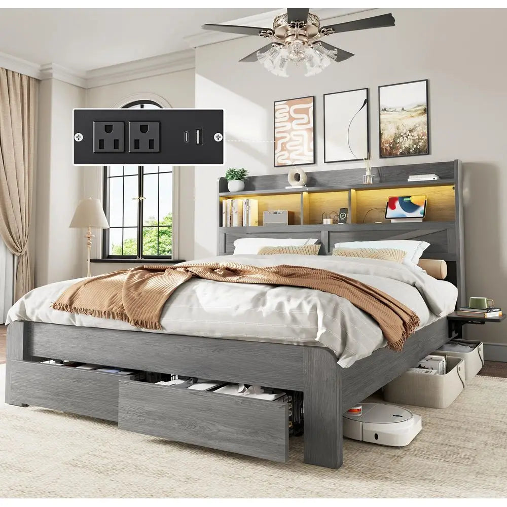 Bed Frame with 2Tier Storage Headboard, LED Lights, Charging Station, 2 Drawers, 900lbs Capacity, Wood amp Metal Platform, Nois