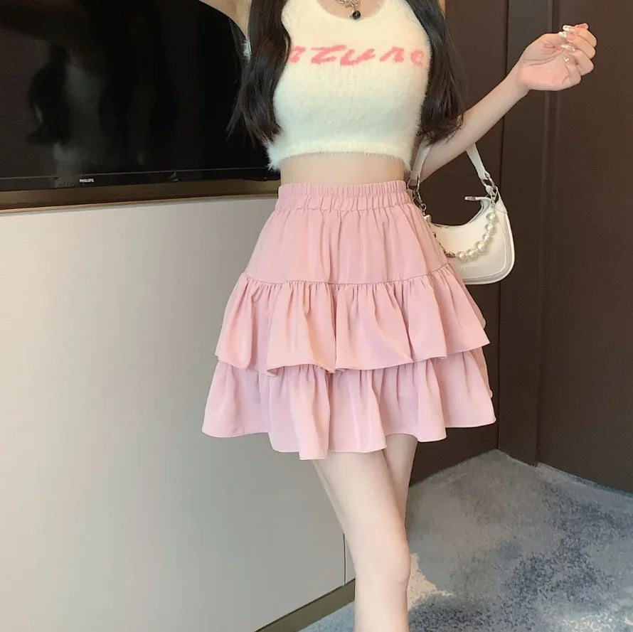 Ruffled Cake Skirts for Women High-waisted A-line Solid All-match Sweet Lovely Girls Korean Style Gentle Spring Kawaii Casual